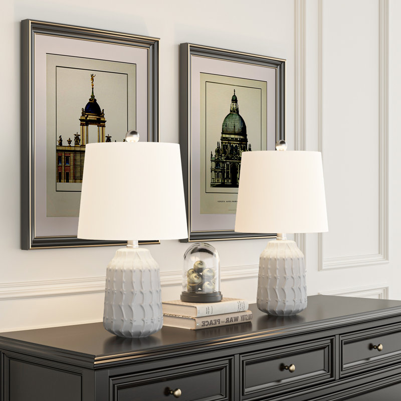 Wharton 19 in. White Modern Ceramic For Bedroom/Living Room Bedside Desk Nightstand Exquisite Small Table Lamps With White Linen Empire Shade