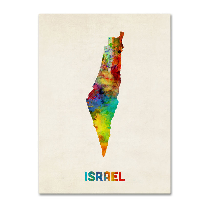 « israël aquarelle map » par michael tompsett, impression sur toile tendue, H 19 po x l 14 po x P 2 po