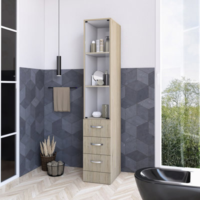 Armoire de salle de bain autoportante de style moderne, trois tablettes, quatre tiroirs, façade en verre, structure en panneau de particules, rembourrée, 11,84 po de largeur, 17,86 po de profondeur, 68,65 po de hauteur, 85,99 lb de poids