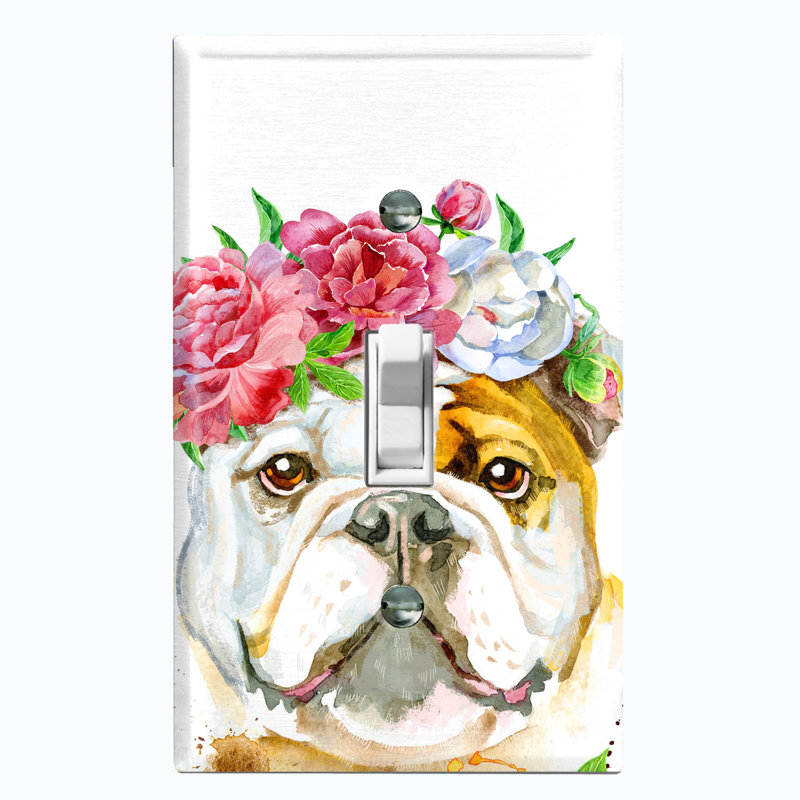 Mignon bouledogue avec couronne de fleurs et plaque murale