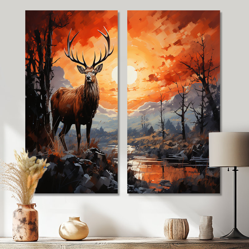 Silhouette de cerf audacieux - ensemble d'art mural moderne de 2, 20" H x 24" W, Wrapped Canvas, Does Not Apply