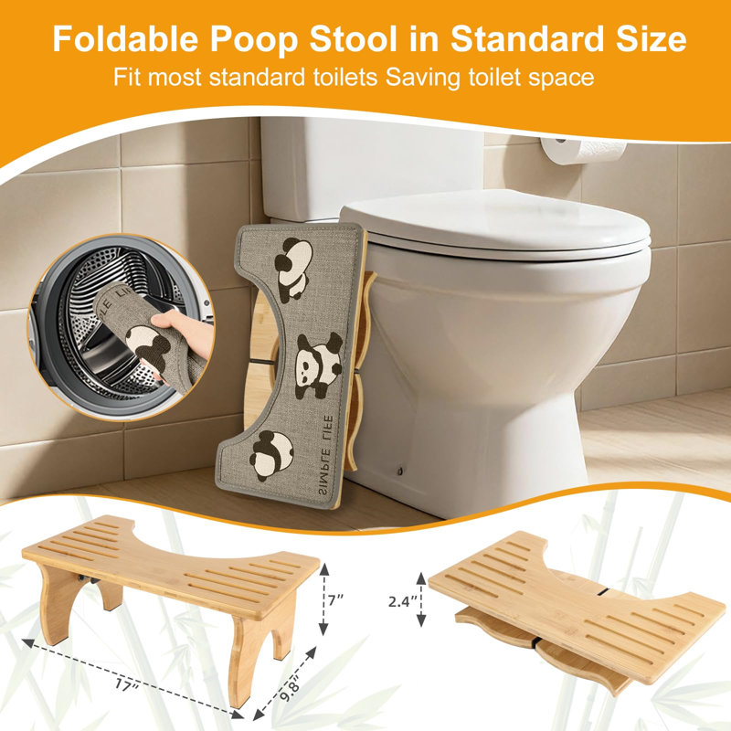 2 In 1 Bamboo Dual Use Toilet Stool With Removable Mat, 7 In Foldable Poop Stool For Bathroom, Squatting Potty Stools For Adults And Kids, Non-Slip Toilet Foot Pooping Steps, No Assembly Required