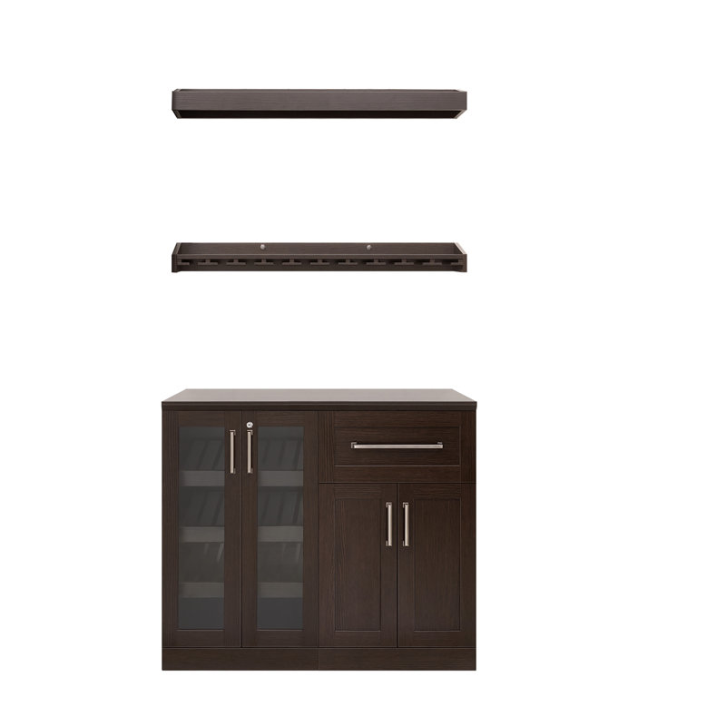 Dark Brown Shaker Style Home Bar Cabinet Set with Brushed Nickel Hardware