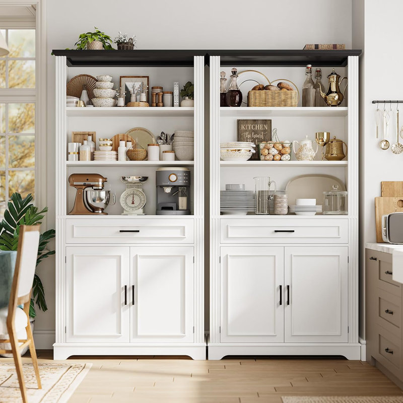 70 In Tall Bookshelf Farmhouse Bookcases With Doors And Drawer 6 Shelf Display Storage, White/Black