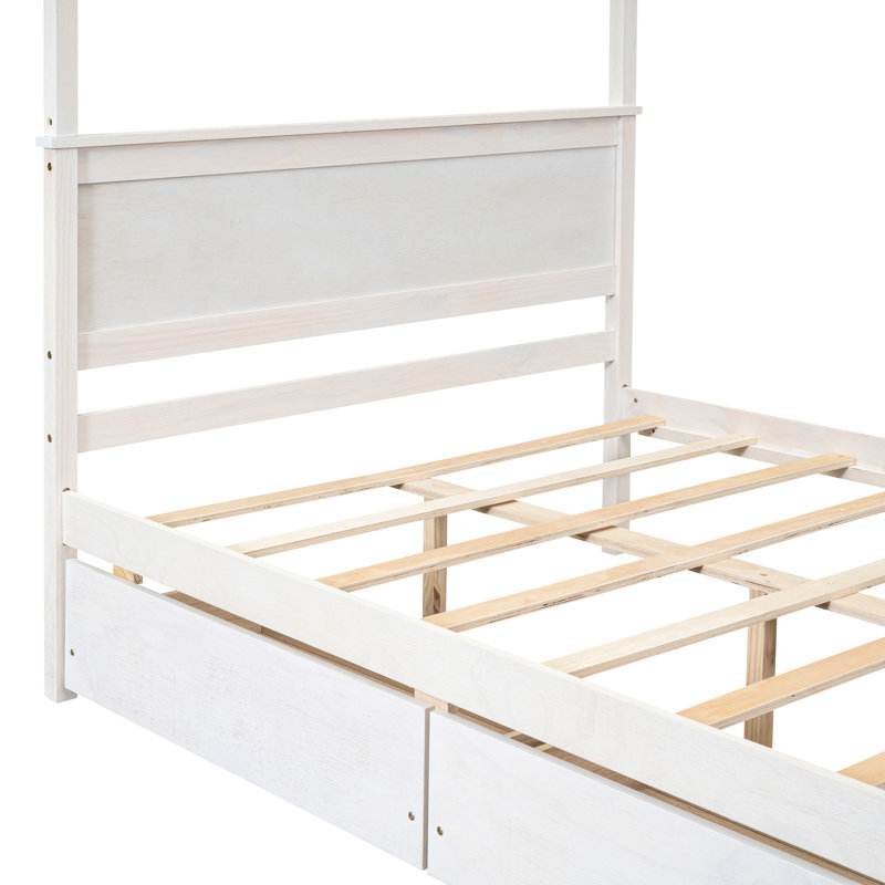 Lit à baldaquin avec deux tiroirs, blanc brossé, fabrication solide, pour un lit double relaxant et une organisation à 2 tiroirs
