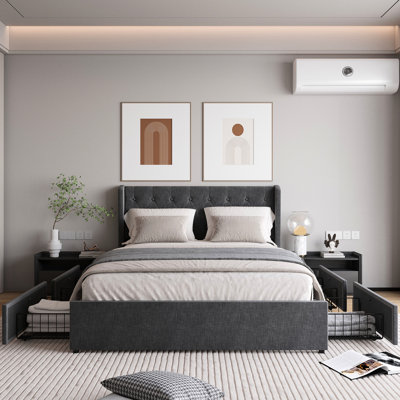 Grand lit gris foncé avec rangement à tiroirs et tête de lit à oreilles, bouton, assemblage pratique avec 4 tiroirs en tissu gris, sans effort