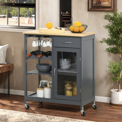 Îlot de cuisine roulant avec rangement, support à vin, porte-verres à pied, tablettes, tiroir et armoire