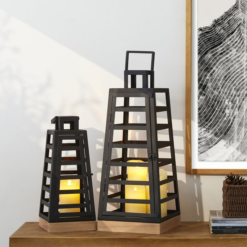 22.75''H Modern Tabletop Trapezoid Metal/Wood Lanterns, Black