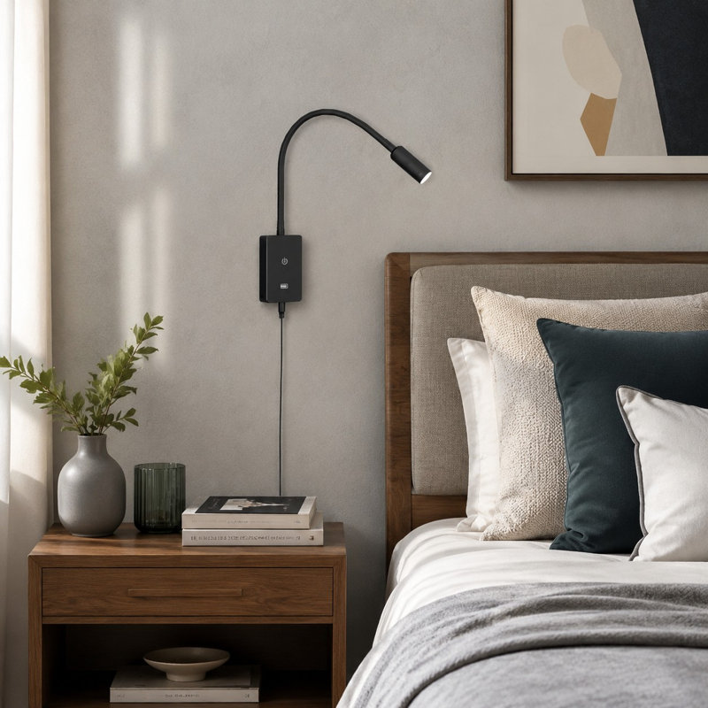 Lampe de lecture murale à DEL flexible noire avec commande tactile, 4 niveaux de luminosité réglables, éclairage blanc neutre et sortie USB 5V 2A pour utilisation dans la chambre.