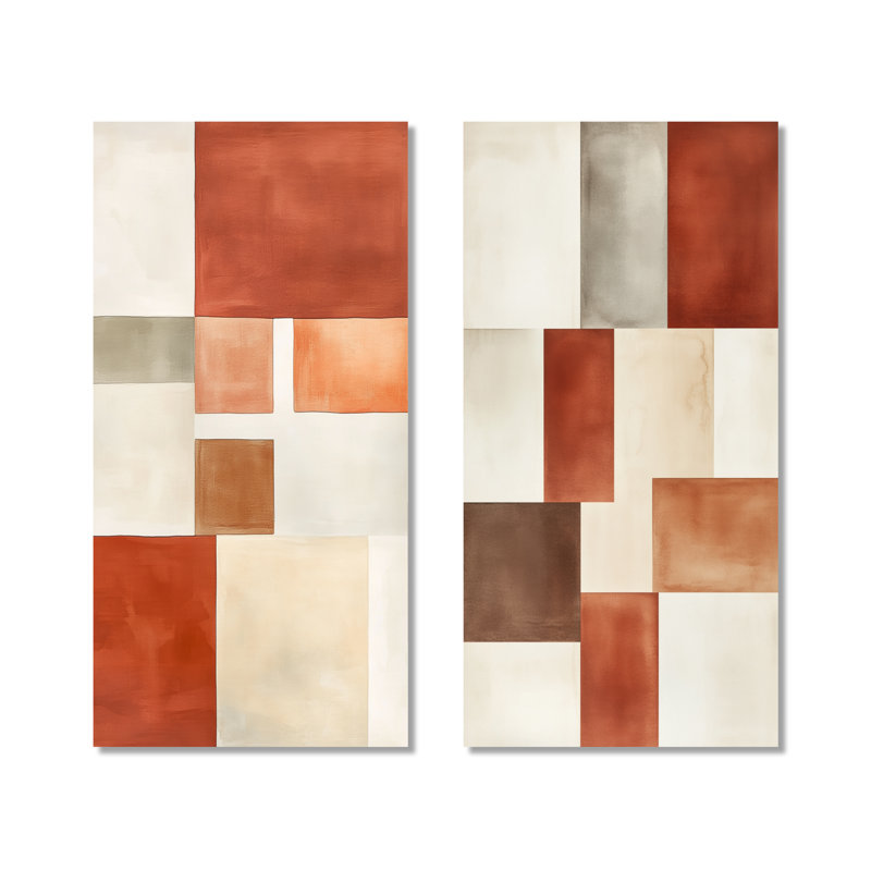 Minimal Blocks in Earth Tones - Ensemble de 2 impressions murales contemporaines en métal, 32" H x 32" W