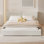 Grand lit plateforme tapissier avec tissu en velours, lit au sol avec cadre uni, beige