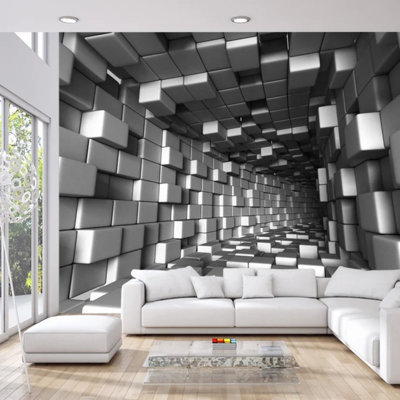 Gray 3D Cube Tunnel Optical Illusion Wall Mural for Home Decor