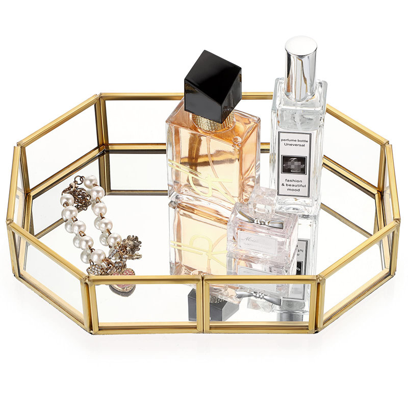 Mirror Glass Vanity Tray - Gold Ornate Makeup Vintage Octagonal Perfume Dresser Jewelry Trinket Organizer For Bathroom Storage Home Decor