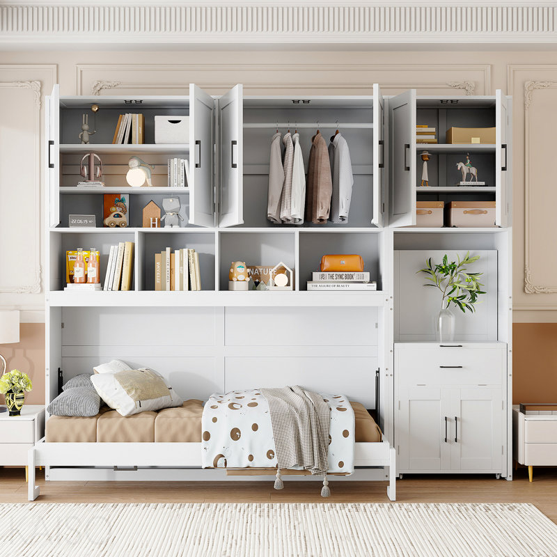 Lit escamotable mural simple avec placard, tiroirs et bureau - blanc, White