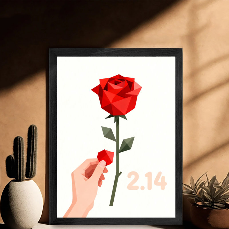 Reproduction d'art encadrée noire rétro rose rouge, H 11 po x l 9 po