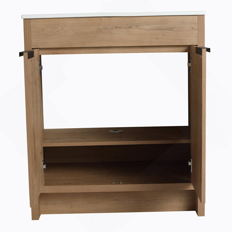 Meuble-lavabo autoportant avec lavabo en céramique et 2 portes d'armoire à fermeture en douceur, Imitation chêne, 30", Blanc
