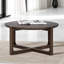Table de salon style transitionnel 36 po avec base à tréteaux et plateau en bois avec finition noyer foncé brossé et salon principal
