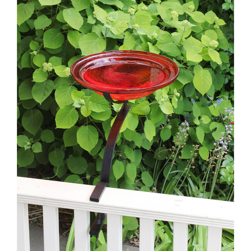 Tomato Red Crackle Glass Birdbath with Rail Mount Bracket