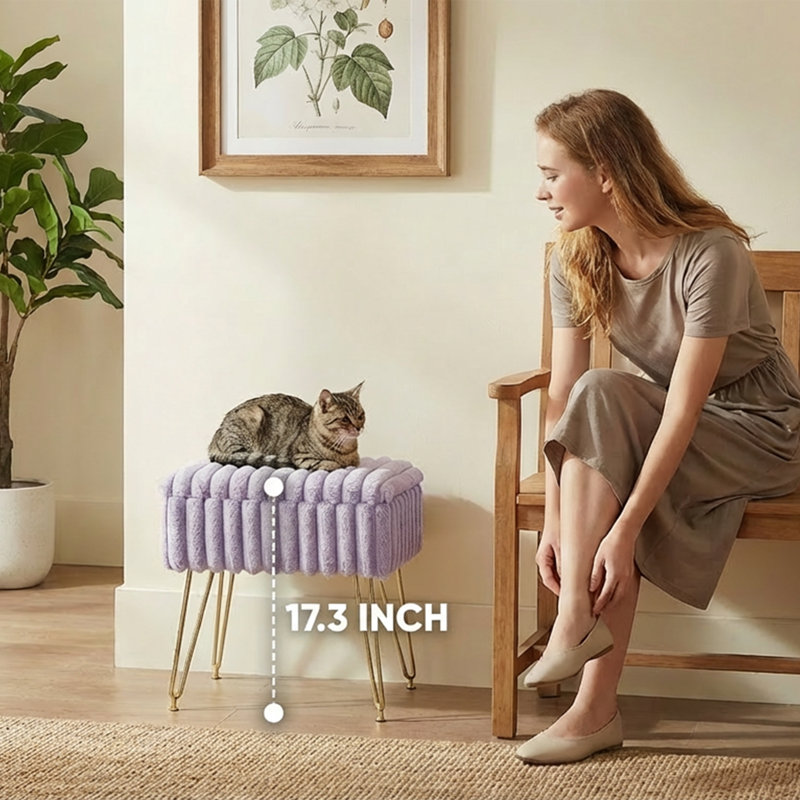 17.3" Faux Fur Vanity Stool with Storage, Metal Legs Dressing Bench for Bedroom, Purple