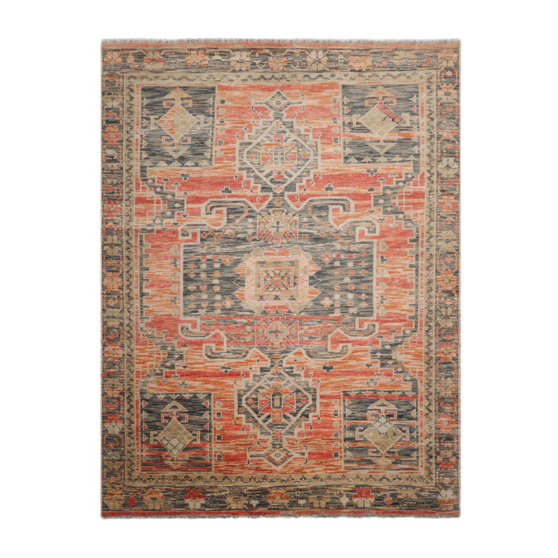 Tapis rectangulaire en laine corail / bleu sarcelle / gris / orange, Rectangle 7 pi 11 po x 9 pi 11 po