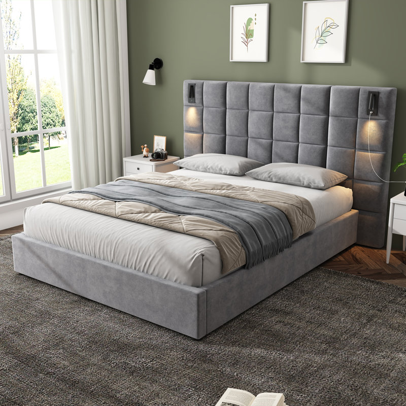 Structure de lit tapissier, avec applique murale et port USB, Queen