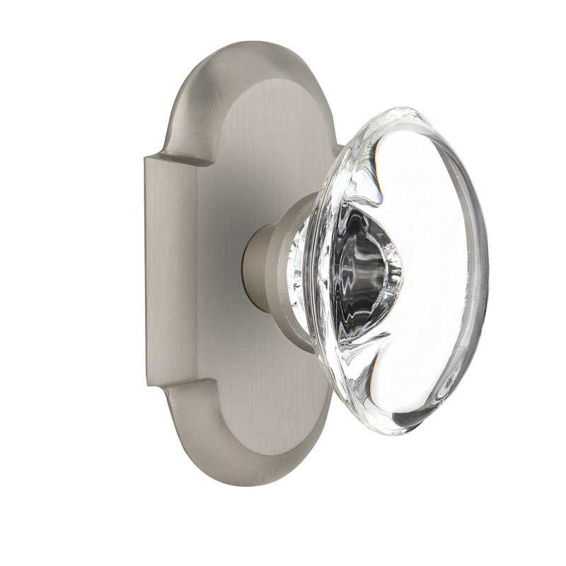 Cottage Plate with Oval Clear Crystal Door Knob, Satin Nickel, 2.375"