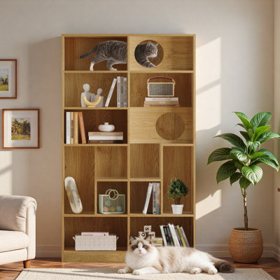 Modern Wood Bookshelf with Cat Tree