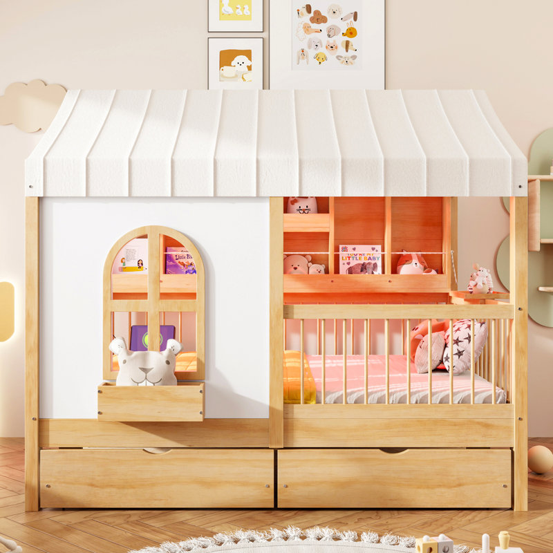 Full Size House Bed with 2 Large Drawers, Side Bookshelf, and LED Strip for Kids' Cozy Hideaway, Natural