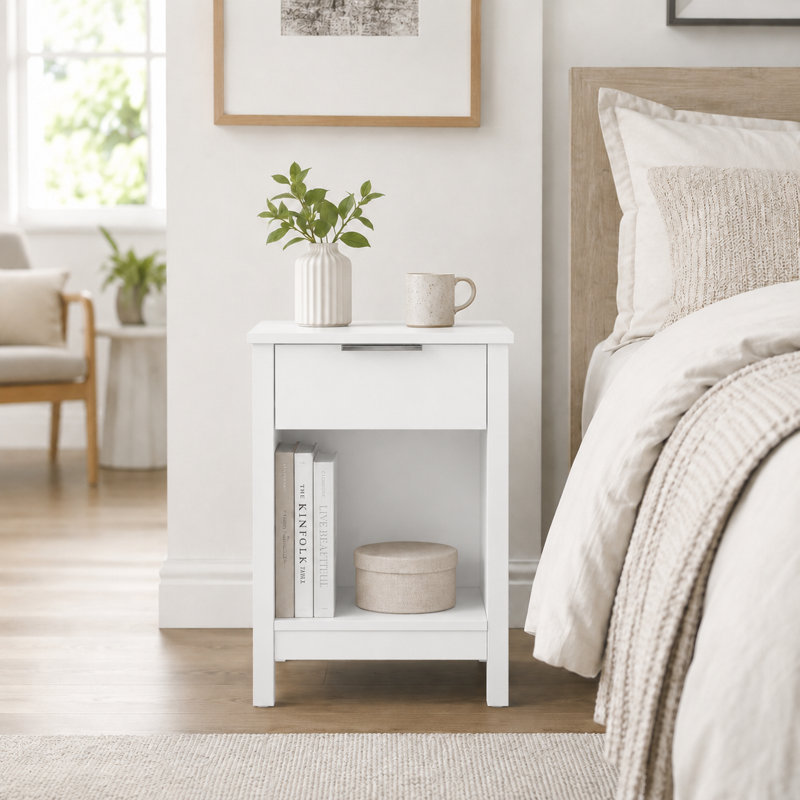 Table de chevet blanche minimaliste avec tiroir, tablette ouverte et poignée en métal élégante, Blanc