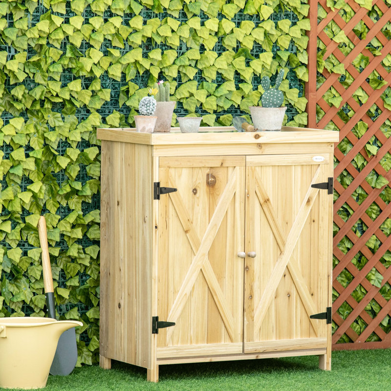 Garden Storage Container With Galvanized Lid. Two Shelves For Yard Tools. Natural Finish, Rust- Build Tool Cabinet Outdoors. Metal Top, 2 Wood Look, Rain-