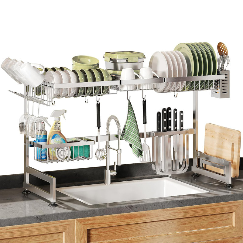 Expandable Stainless Steel Dish Drainer: Over The Sink Space Saver (33.6"- 39.9"Width) for Kitchen Storage, SIlver