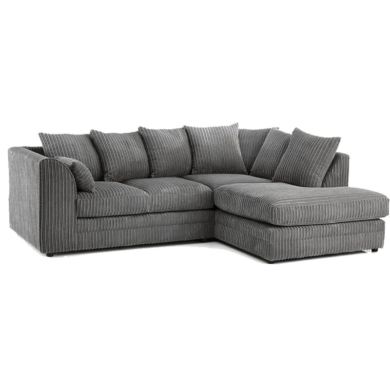Jumbo Cord Upholstered Corner Sofa Small Back Cushion with Foot Stool , Grey, Right Hand Facing