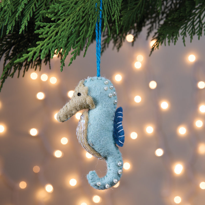 Paquet de 4 ornements en feutre bleu perlé Split P Sea Horse