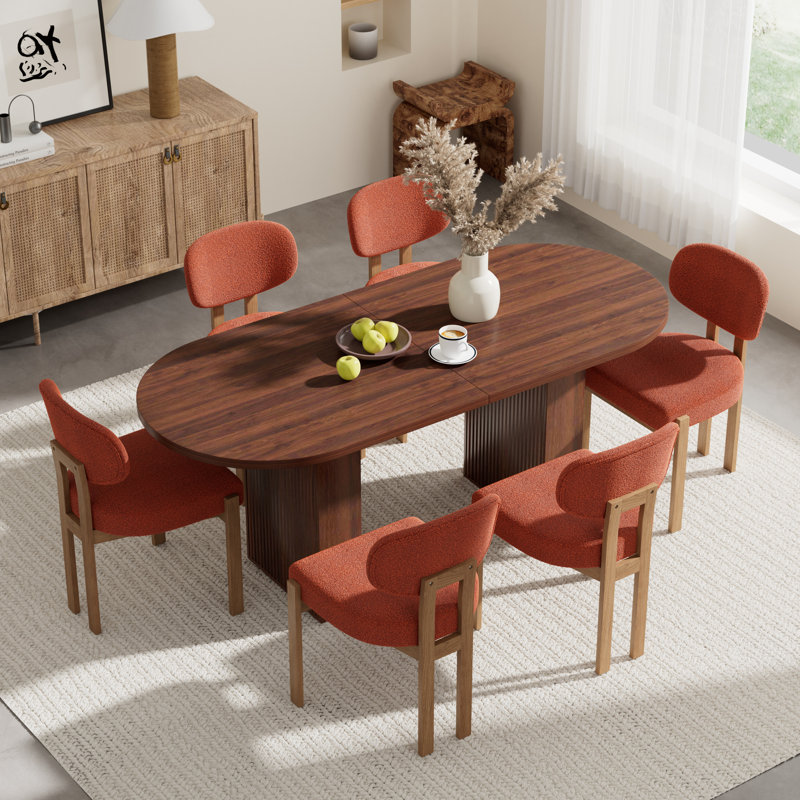 Ensemble de table de cuisine ovale à double piédestal, 7 pièces: table, 6 chaises, Orange, Noyer
