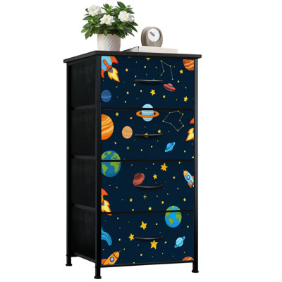 Commode pour chambre à coucher avec 4 tiroirs de rangement Thème de l'espace Système solaire pour enfants Planète Rocket Planètes Galaxie Commode Commode en acier avec cadre en tissu pour vestibule