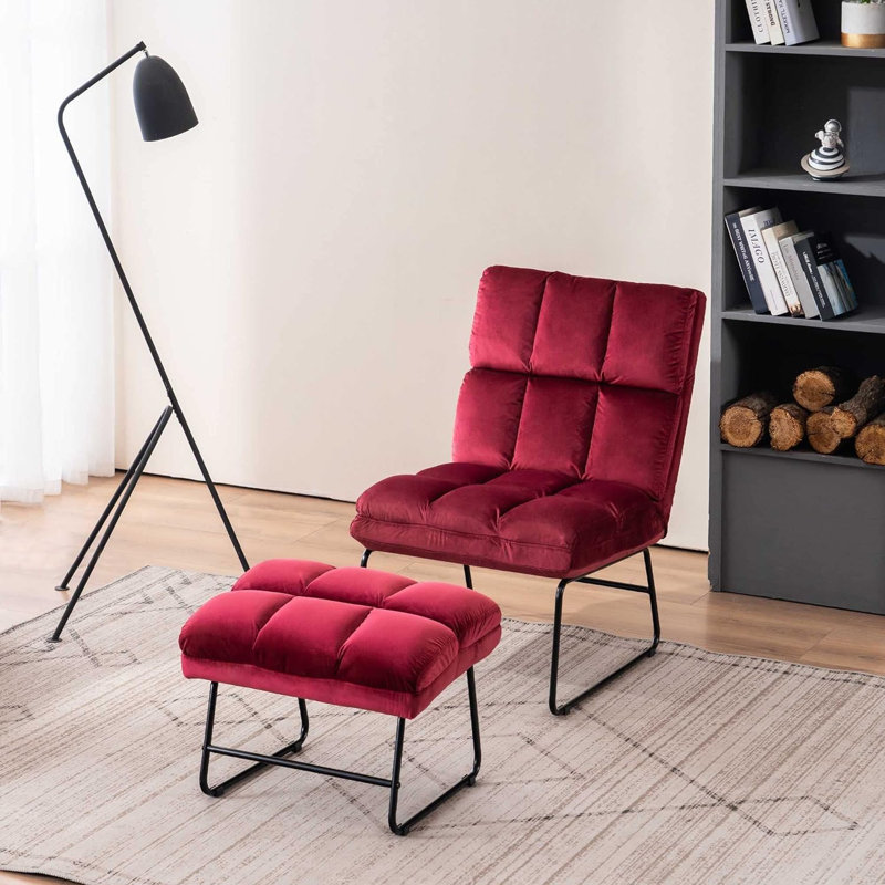 Varrian 2 Set Accent Chair with Ottoman, Velvet Modern Metal Legs, Club Chair Lounge Sofa Couch, Red Velvet