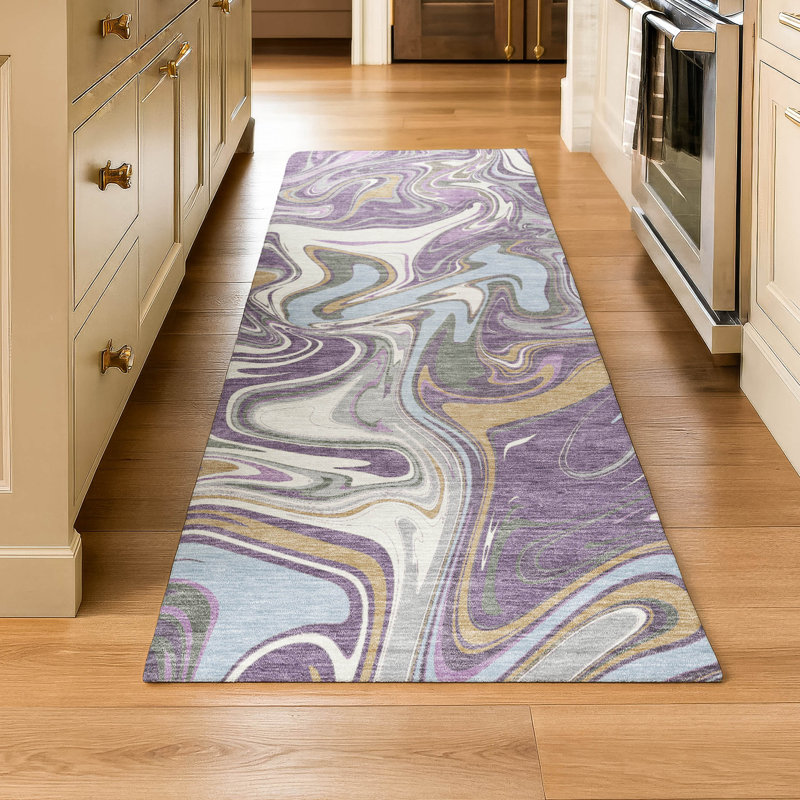 Premium Machine Washable Mayfield AMF2395 Abstract Rug, 2'3" x 7'6" Runner, Purple
