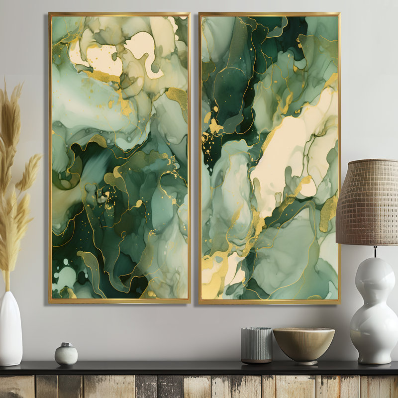 «Green Luxury Abstract Fluid Art I», art mural vert, Impression encadrée flottante sans passe-partout, H 40 po x l 40 po