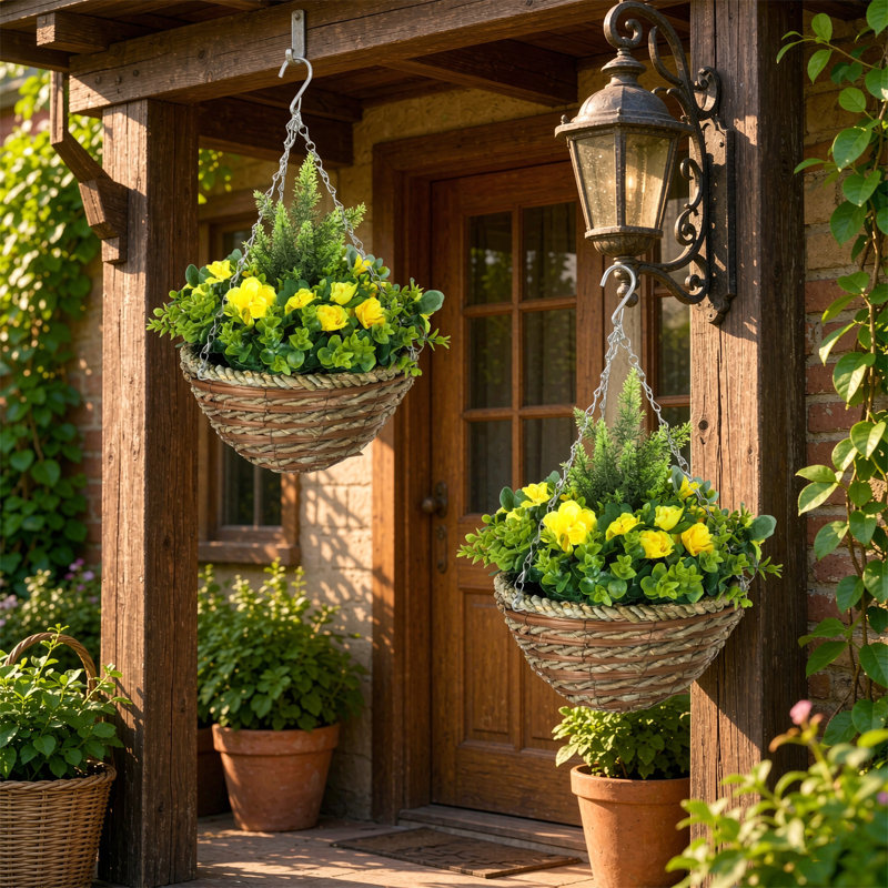 Set of two artificial hanging lisianthus flower pots