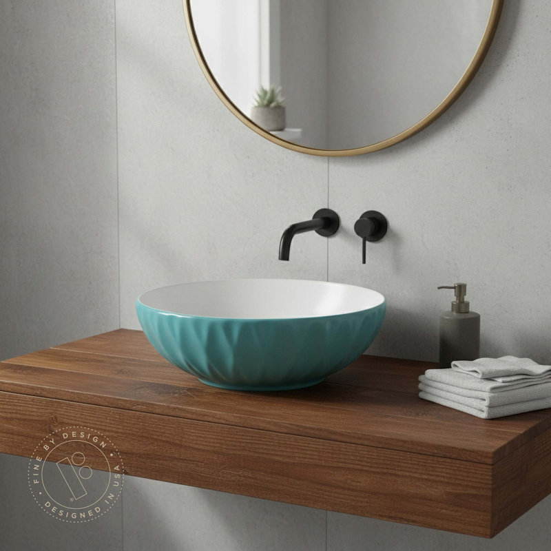 16" Round Ceramic Vessel Bathroom Sink – Modern Textured Bowl Design in Mist Blue, Blue