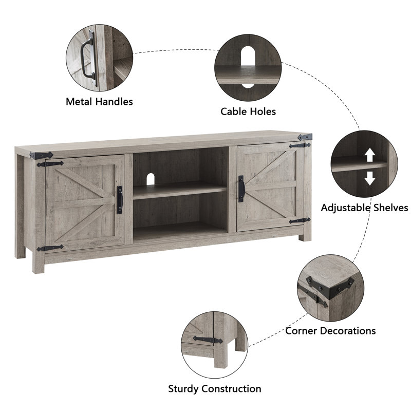Gray Farmhouse TV Stand with Barn Doors and Cabinets for 75" TVs