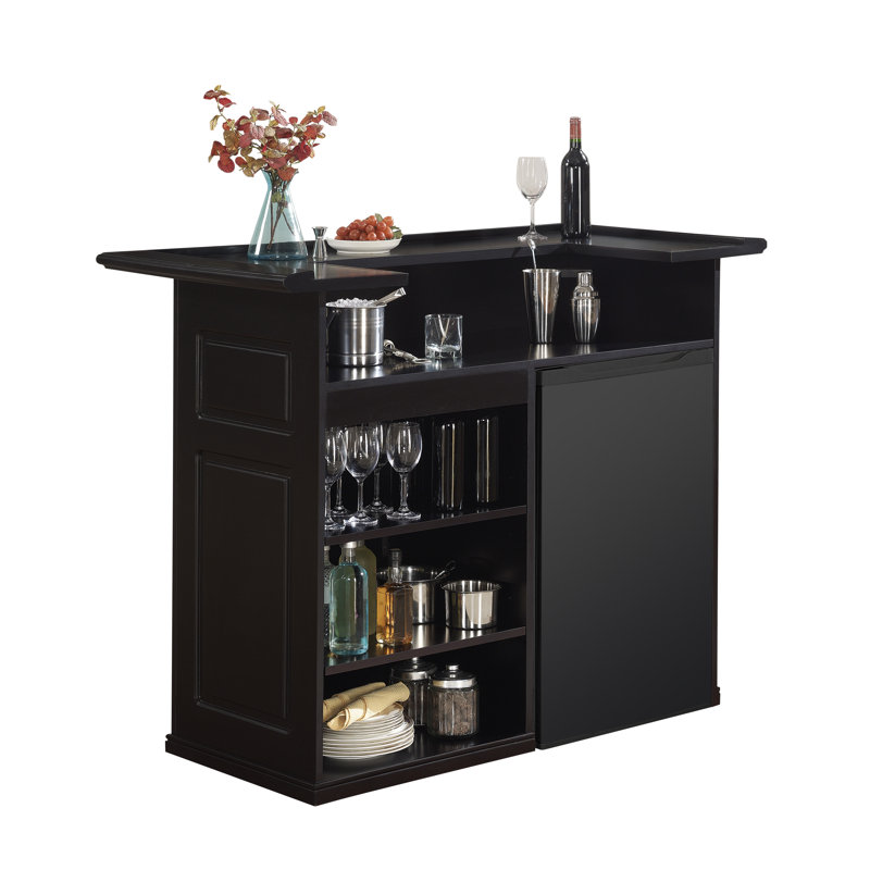 American Heritage Trenton Solid Wood Home Bar - Black Finish with Decorative Front Panels, Adjustable Shelves, Wine Glass Storage & Locking Cabinet