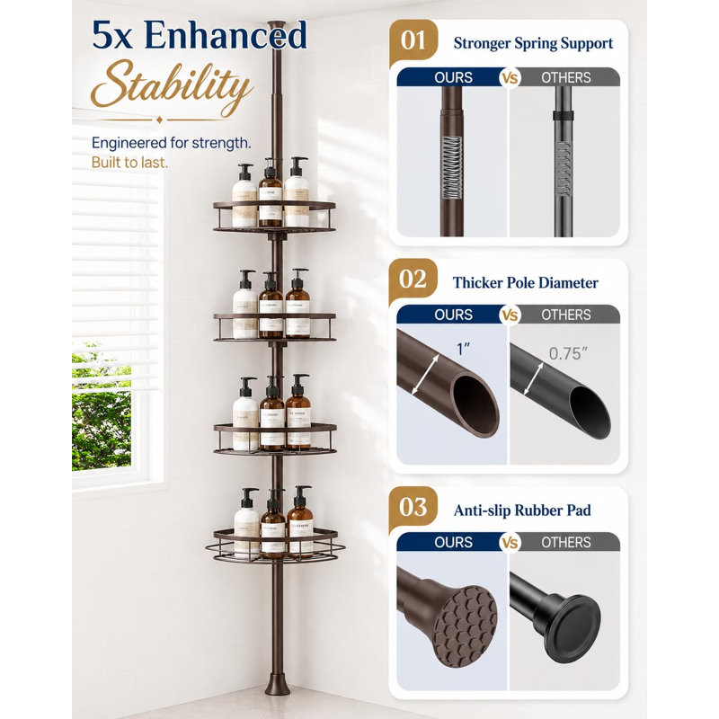Étagère de coin de douche antirouille pour salle de bain, barre de tension avec 4 paniers, pour rangement de baignoire, hauteur réglable de 86 à 295 cm, bronze