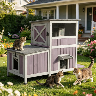Maison pour chat chauffée et isolée avec doublure en hiver, abri pour chat extérieur résistant aux intempéries avec portes et fenêtre d'évacuation, câble anti-mastication amélioré