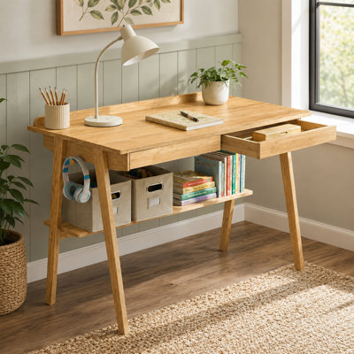 Solid Wood Writing Desk with Drawers Storage Shelf and Side Hooks