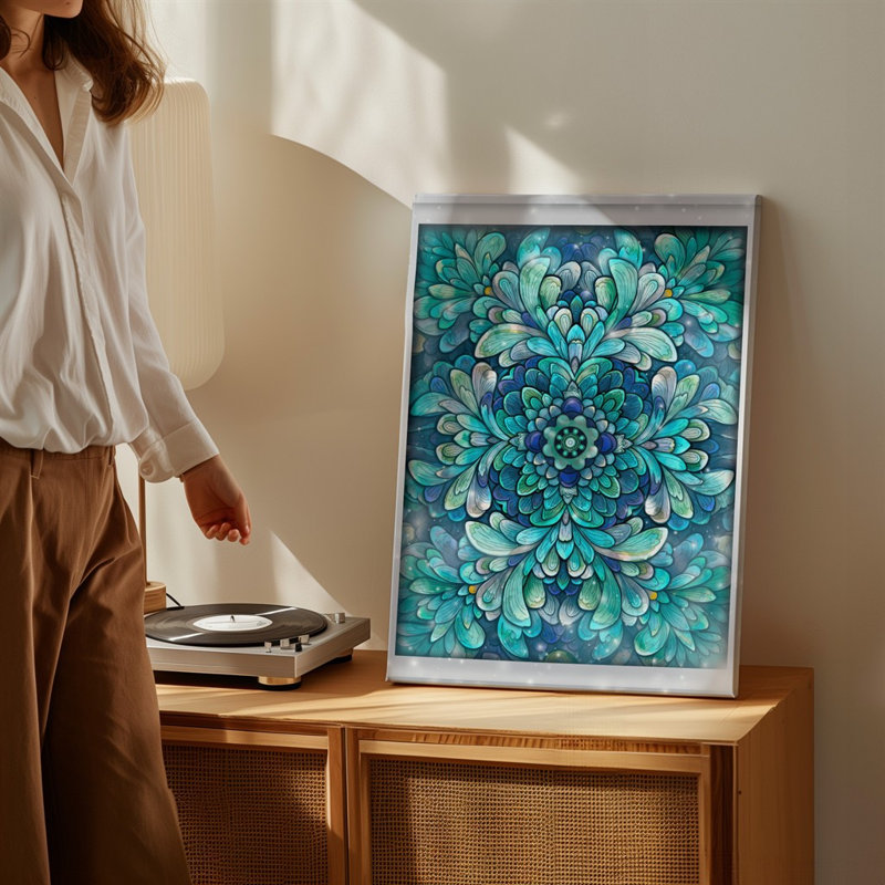 Toile, "Design a Vibrant Mandala Design", présentant des motifs floraux complexes dans des tons de turquoise, bleu sarcelle et bleu foncé