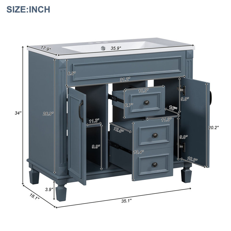35.9 " Modern Single Bathroom Vanity with Top Sink with Soft Closing Doors and Drawers, Navy