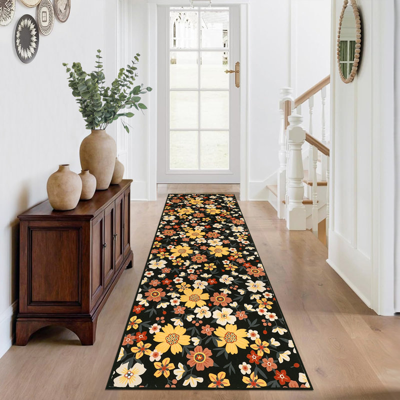 Large Modern Living Room Rug Washable Floral Print Accent Carpet With Rubber Backing, Stain-Resistant Farmhouse Floor Cover Low Pile Rugs