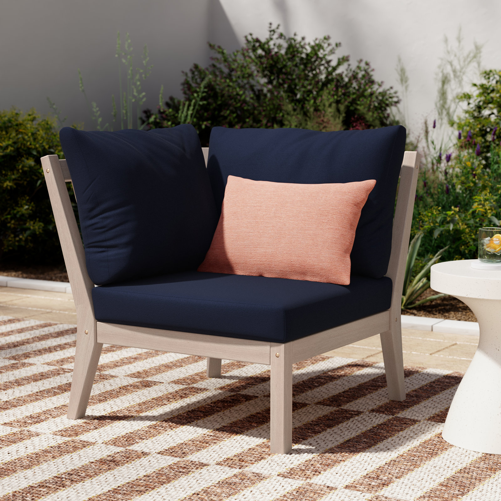 Amina Outdoor Acacia Corner Chair with Cushions, Navy