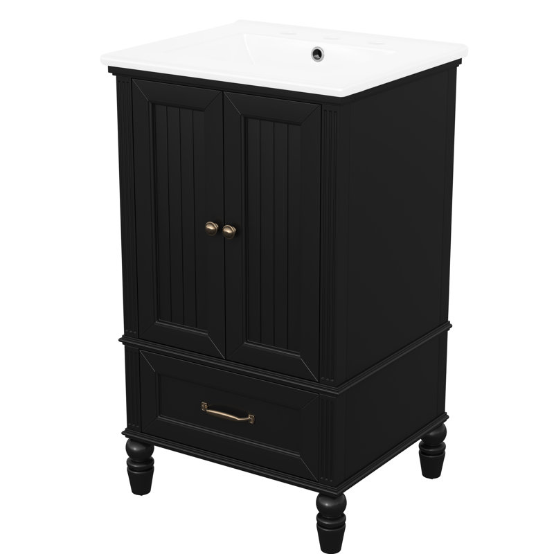 Meuble-lavabo noir 20 po avec lavabo en céramique, deux portes d'armoire, tiroir, bouchon magnétique et finition peinte - parfait pour améliorer votre quincaillerie en acier inoxydable, patins réglables faciles à mettre en place